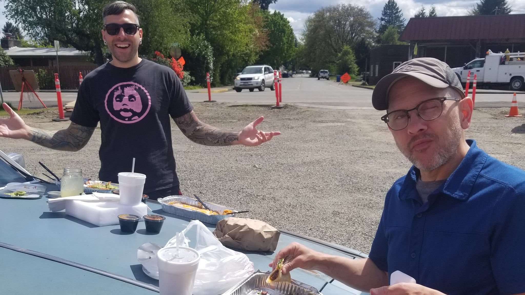 Pacific Drive devs eating lunch on hood of car - 4