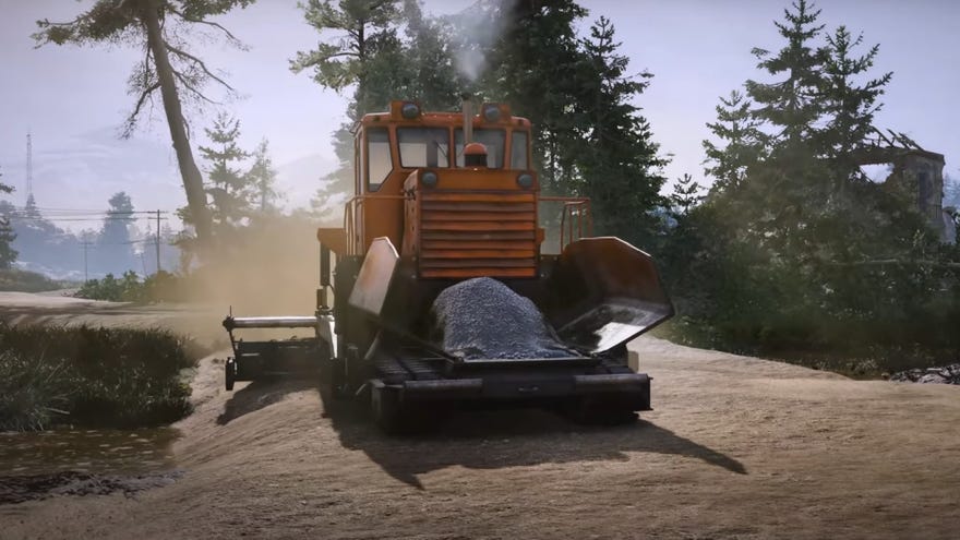 A screenshot from RoadCraft’s reveal trailer that shows a heavy vehicle doing some paving.