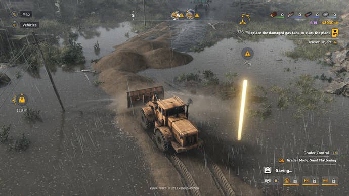 A bulldozer flattens retired immoderate soil to hole a roadworthy implicit a flooded area.