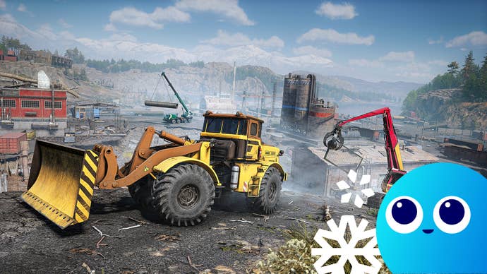 A dozer and other vehicles in RoadCraft, with the little wishlisted guy in the corner.