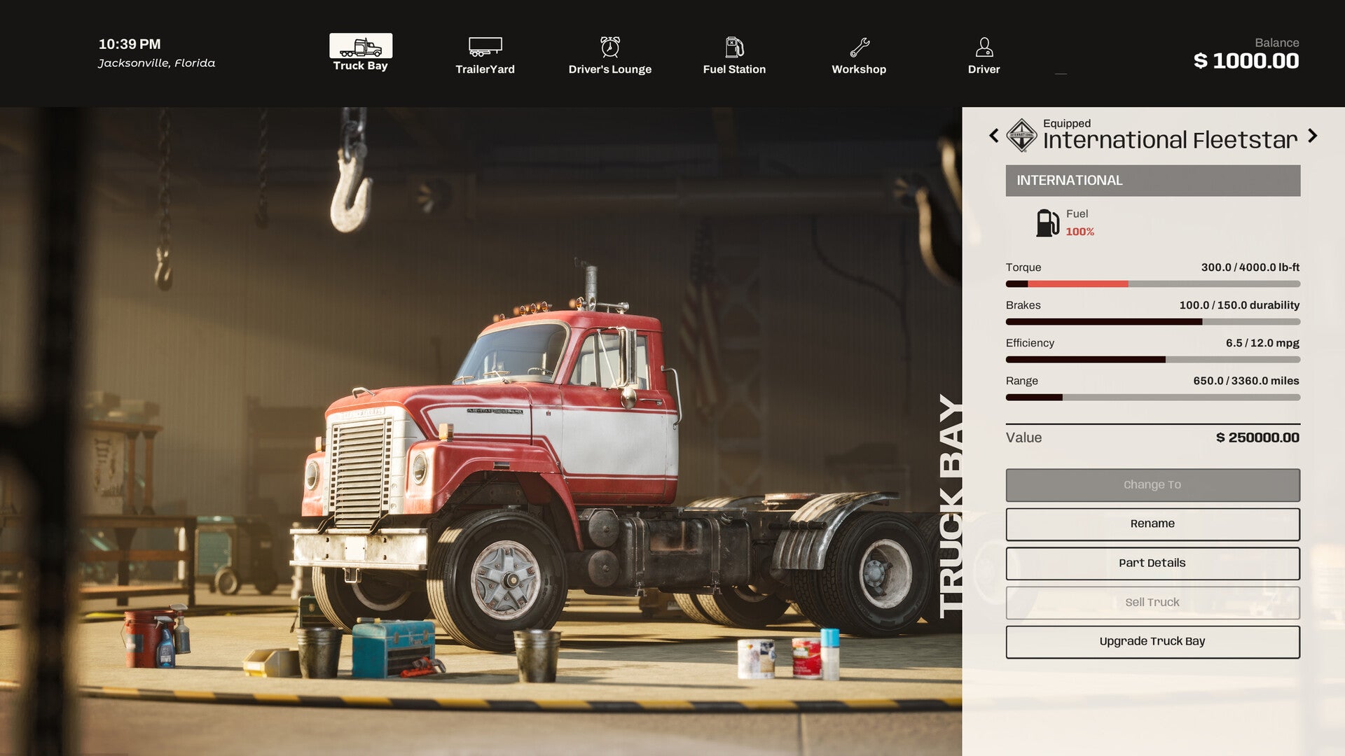 A customisation screen for a big red truck in Road Kings, with a menu down the right.