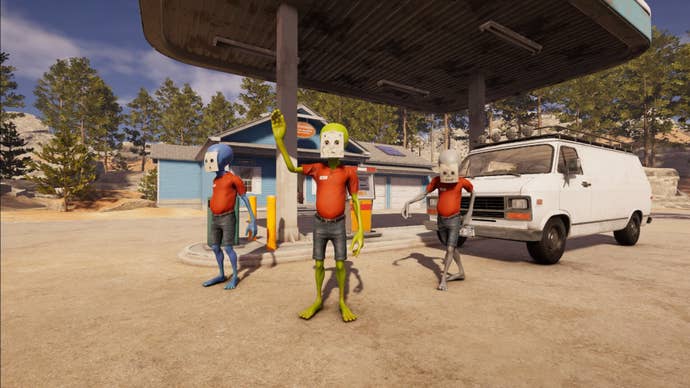 Three aliens with bits of insubstantial taped to their faces with faces drawn connected them successful an effort to beryllium disguised arsenic humans are stood successful beforehand of a state presumption successful Roadside Research.