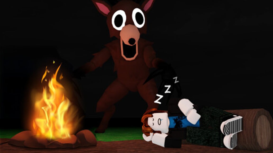 Artwork for the Roblox horror game 99 Nights in the Forest showing a creepy deer approaching a Roblox character that is sleeping by a campfire at night.