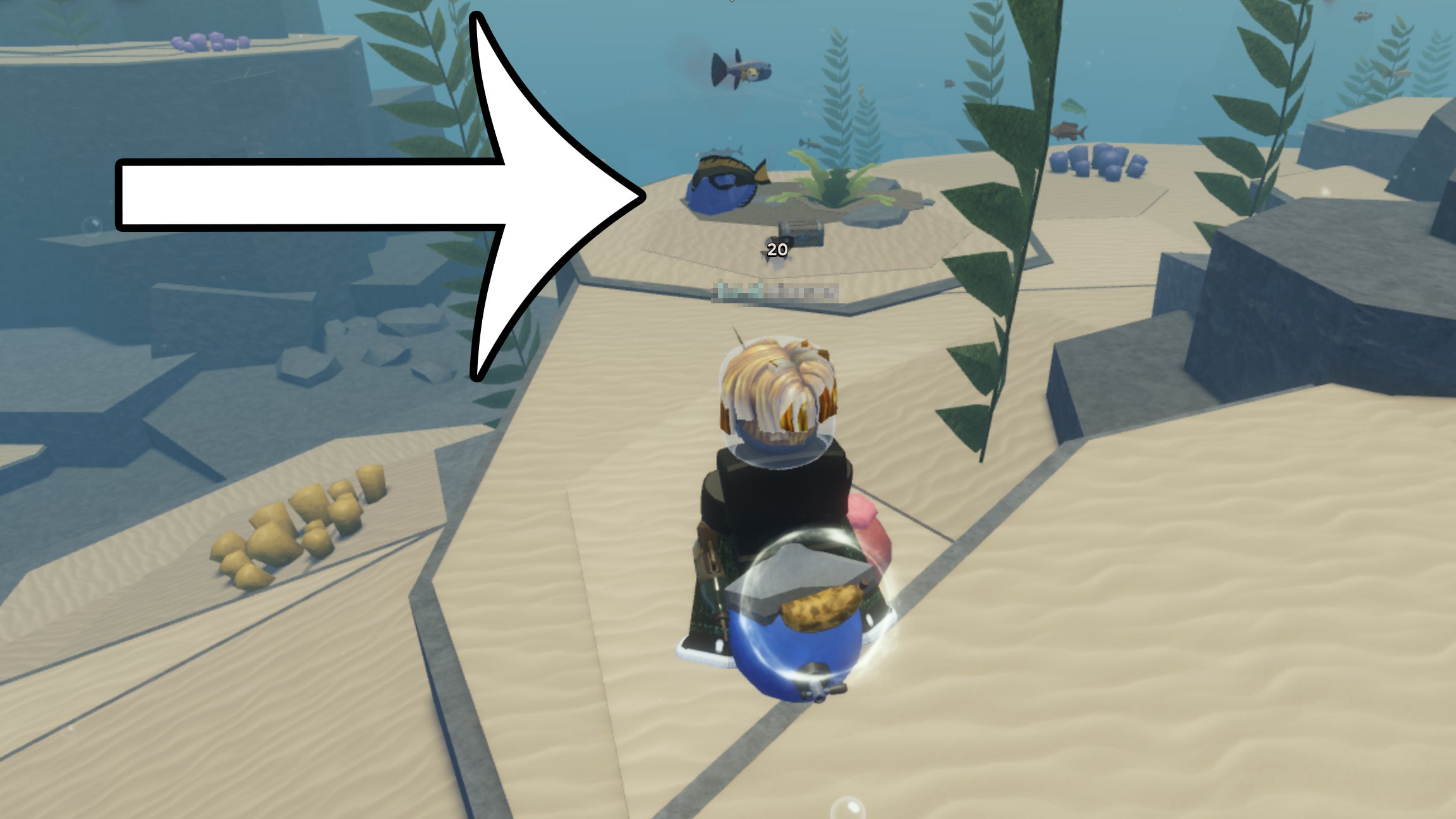 How to find and crack a geode in Abyss 2 An arrow pointing at a blue tang fish in the Roblox game Abyss.