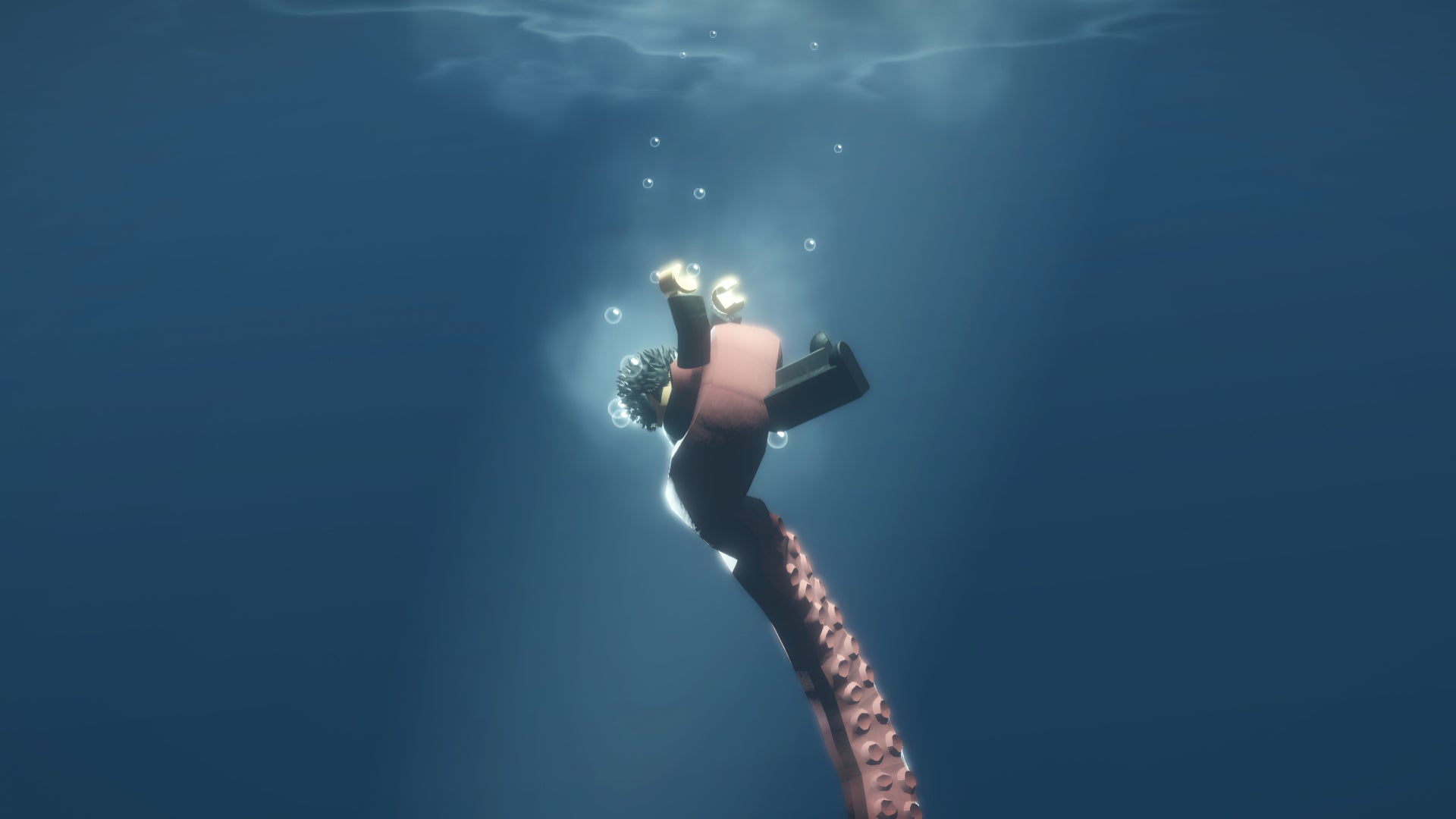 A screenshot from Abyss on Roblox, showing the player character being dragged to the bottom of the ocean by the Kraken NPC. - 1