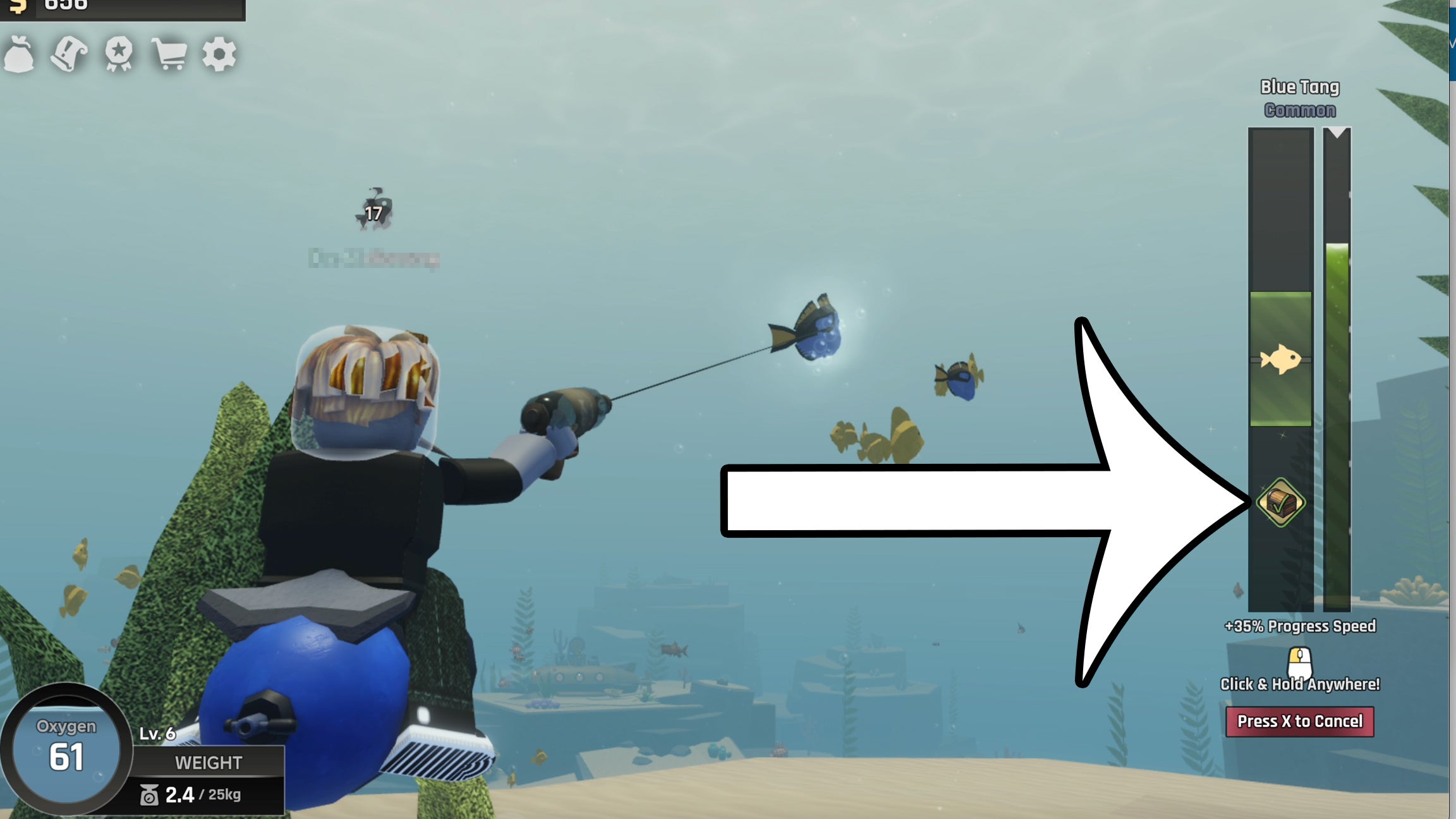 How to find and crack a geode in Abyss 1 An arrow pointing at the treasure chest icon which appears on the fishing mini-game in Abyss. This lets players know when they're able to get a geode.