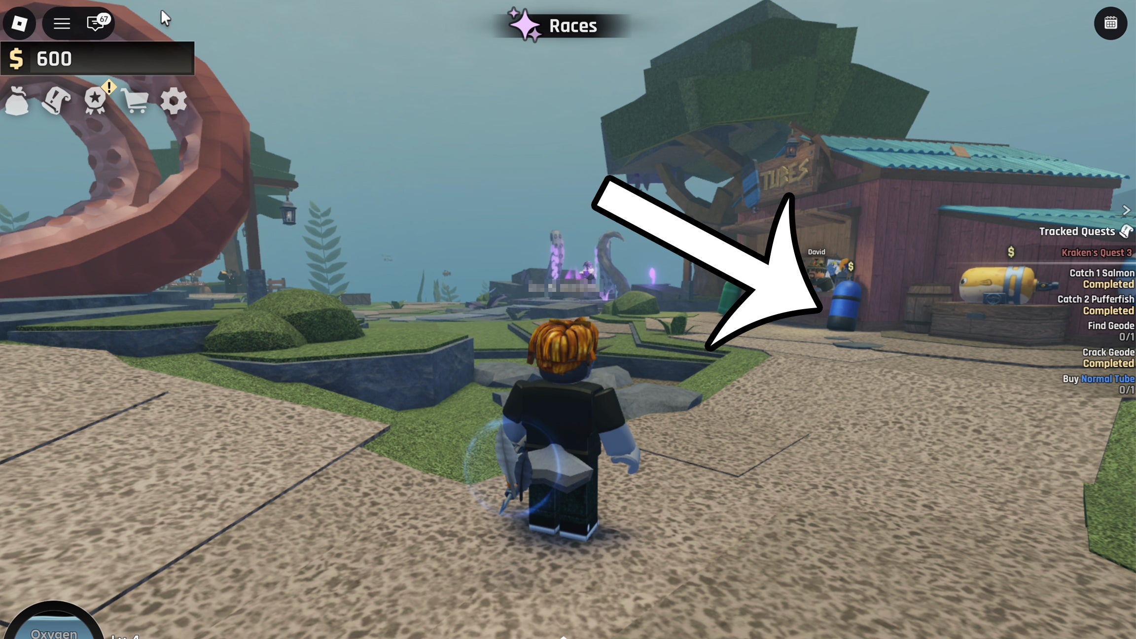 How to find and crack a geode in Abyss 6 An arrow pointing at a normal tube which players can buy in the Roblox game Abyss.