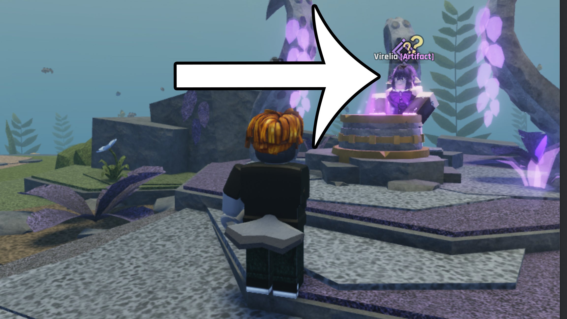 How to find and crack a geode in Abyss 3 An arrow pointing at the Virelia NPC in Abyss. This character lets players crack a geode.