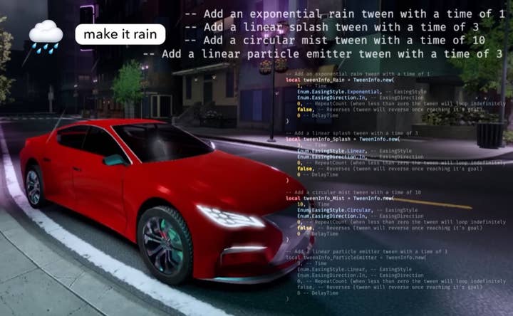 A Roblox screenshot of a car in a city at night. It is raining. A caption on the top left says "Make it rain," while text input at the top right of the screen shows a user asking for exponential rain with linear splash and circular mist and linear particle emitter tweens, each with their own interval time. The bottom right of the screen shows code generated by the Roblox AI tool based on those text prompts.