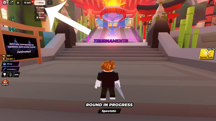 Arrow pointing at the codes button in the Roblox game Anime Ball.