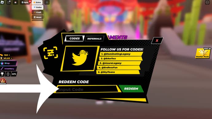 Arrow pointing at the codes menu in the Roblox game Anime Ball.