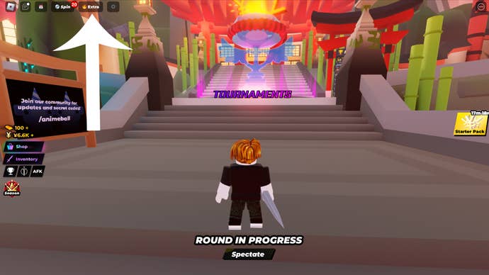 Arrow pointing at the extra button in the Roblox game Anime Ball.