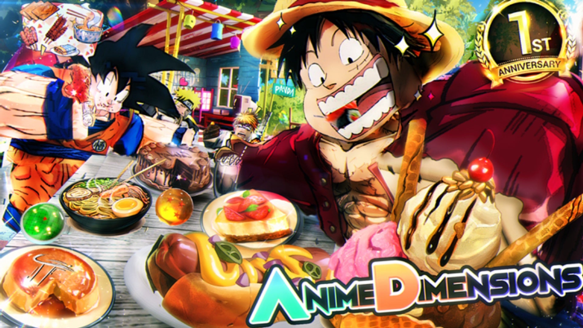Two terrifying versions of popular anime characters dig into a buffet in a promo image for Roblox's Anime Dimensions Simulator 1st anniversary. - 1