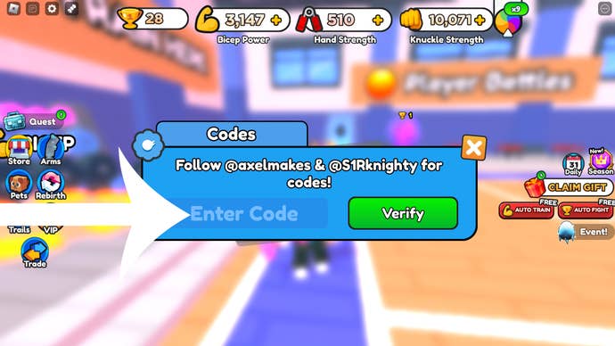 Arrow pointing at the codes screen in Roblox game Arm Wrestle Simulator.