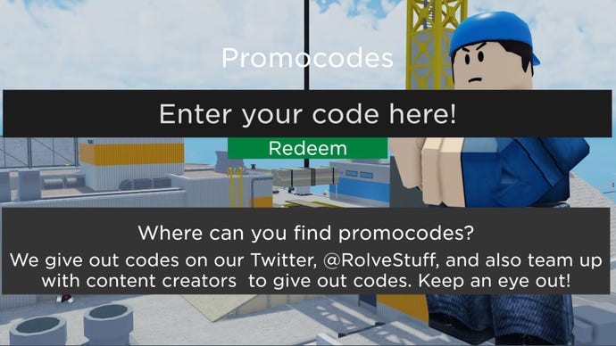 A screenshot from Arsenal, a Roblox shooter game, showing the screen where Arsenal codes can be redeemed.