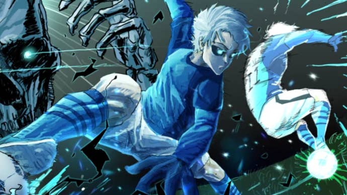 Stylised cover art for the Roblox football game Azure Latch, showcasing a character in blue football kit striking a pose and preparing to kick the ball.