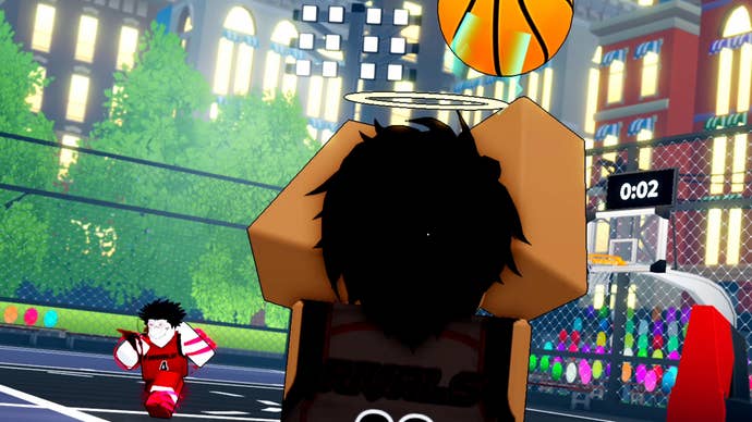 A Roblox character shooting a basketball at a hoop in Basketball Zero.