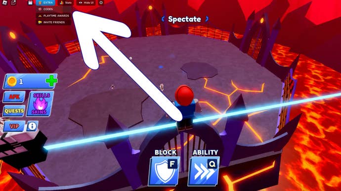 Arrow showing the location of the codes button in the popular Roblox game Blade Ball.