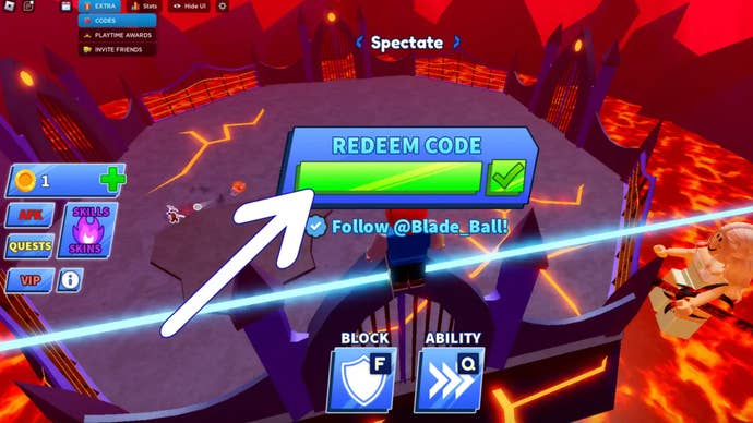 Arrow pointing at the codes redemption menu in Blade Ball.