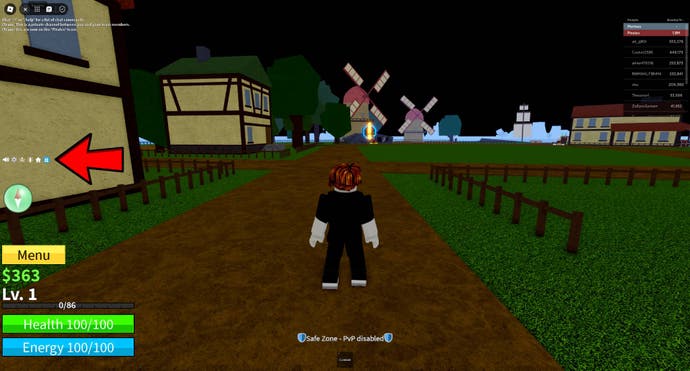 A red arrow pointing at the button you must click to redeem codes in Blox Fruits, with a default Roblox character stood on a path.