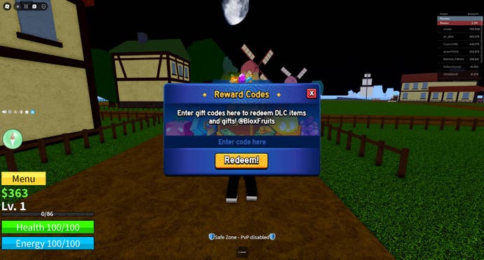The 'Reward Codes' pop-up in Blox Fruits where you can enter a code to redeem.