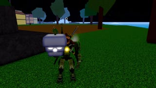 A mech character holding a Spring Blox Fruit in Roblox.