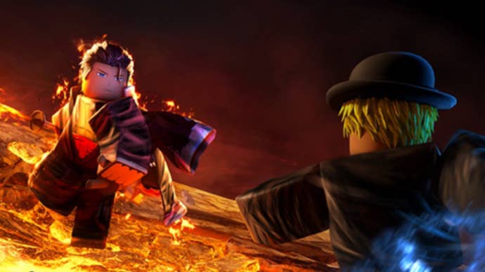 Promotional Roblox Blox Fruits art of two characters fighting while surrounded by magma.