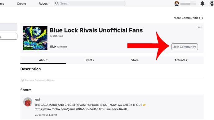 Arrow pointing at the button players need to press to join the Blue Lock Rivals community on Roblox.