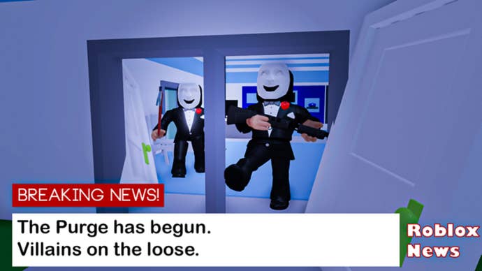 A TV shows a “Roblox News” report featuring two armed villains in tuxedos and spooky masks. Headline reads “The Purge has begun”.