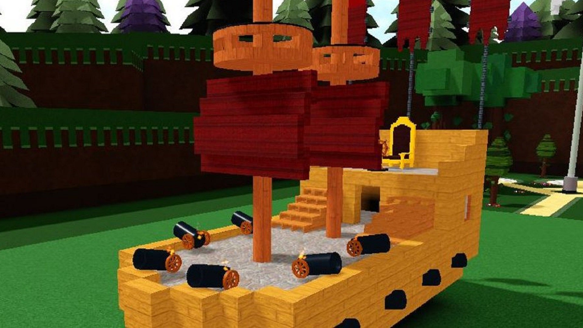 A pirate ship inexplicably in a field in Roblox. - 1