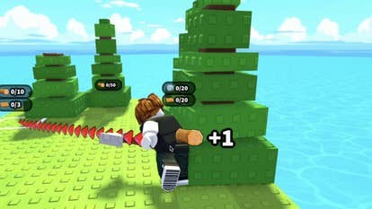 A Roblox character chopping down a tree in the building game Build an Island.