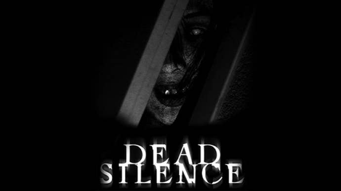 A black-and-white image of a zombie face snarling through a gap in some broken wood. Text in image reads “Dead Silence”.