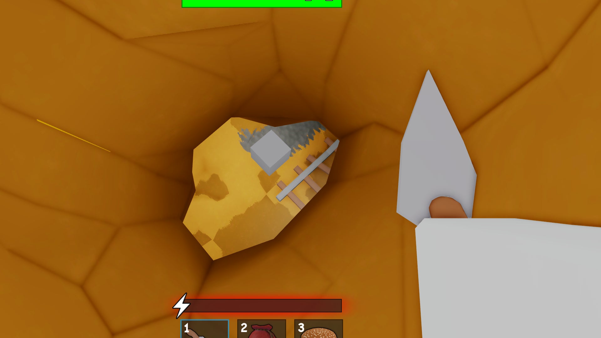 A character holding a trowel standing over a hole leading to the escape tunnel in the Roblox game, Dig to Escape. - 1