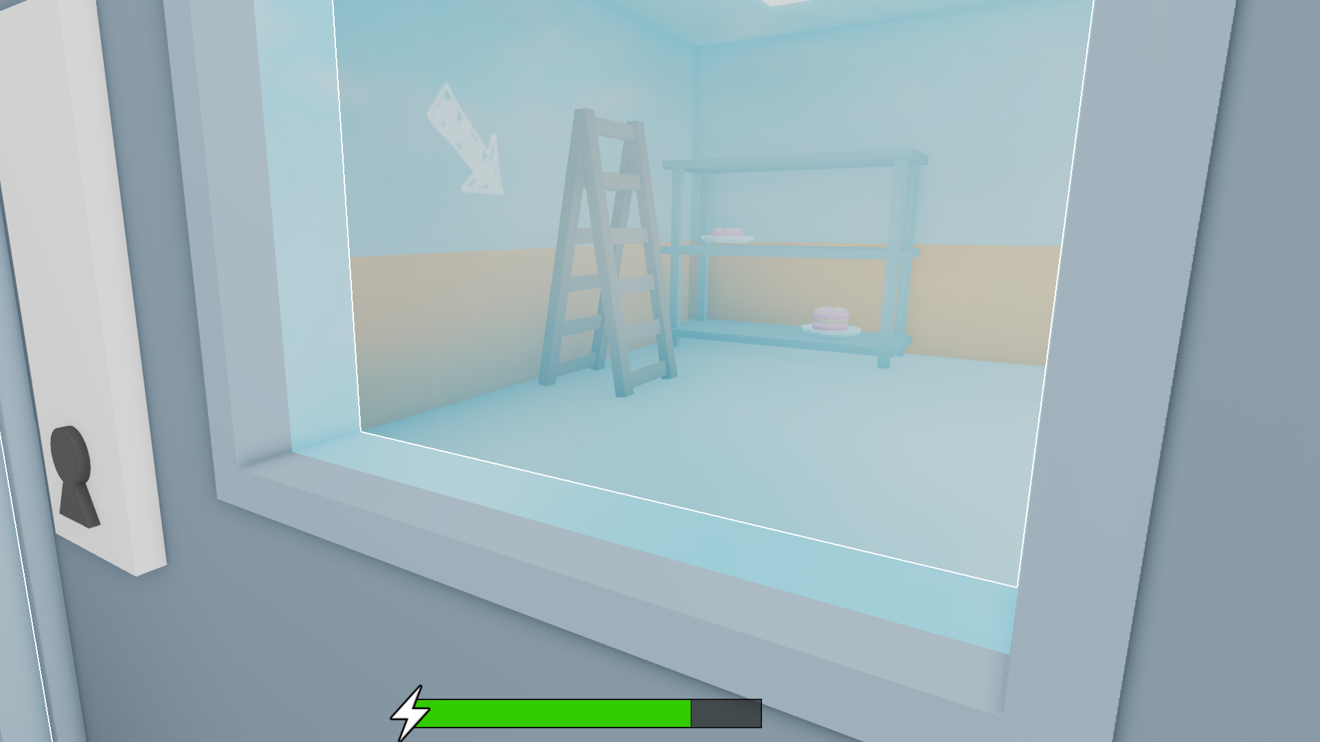 A character looking through a window at a stepladder in the Roblox game, Dig to Escape. - 4
