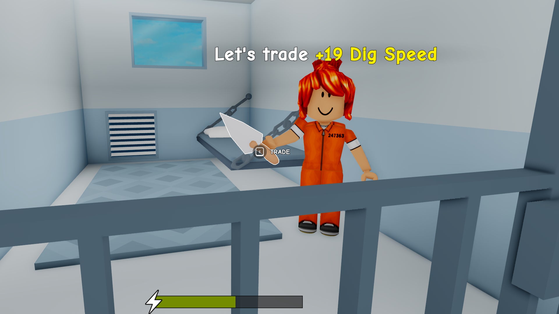 A character offering to trade a trowel in the Roblox game, Dig to Escape. - 3