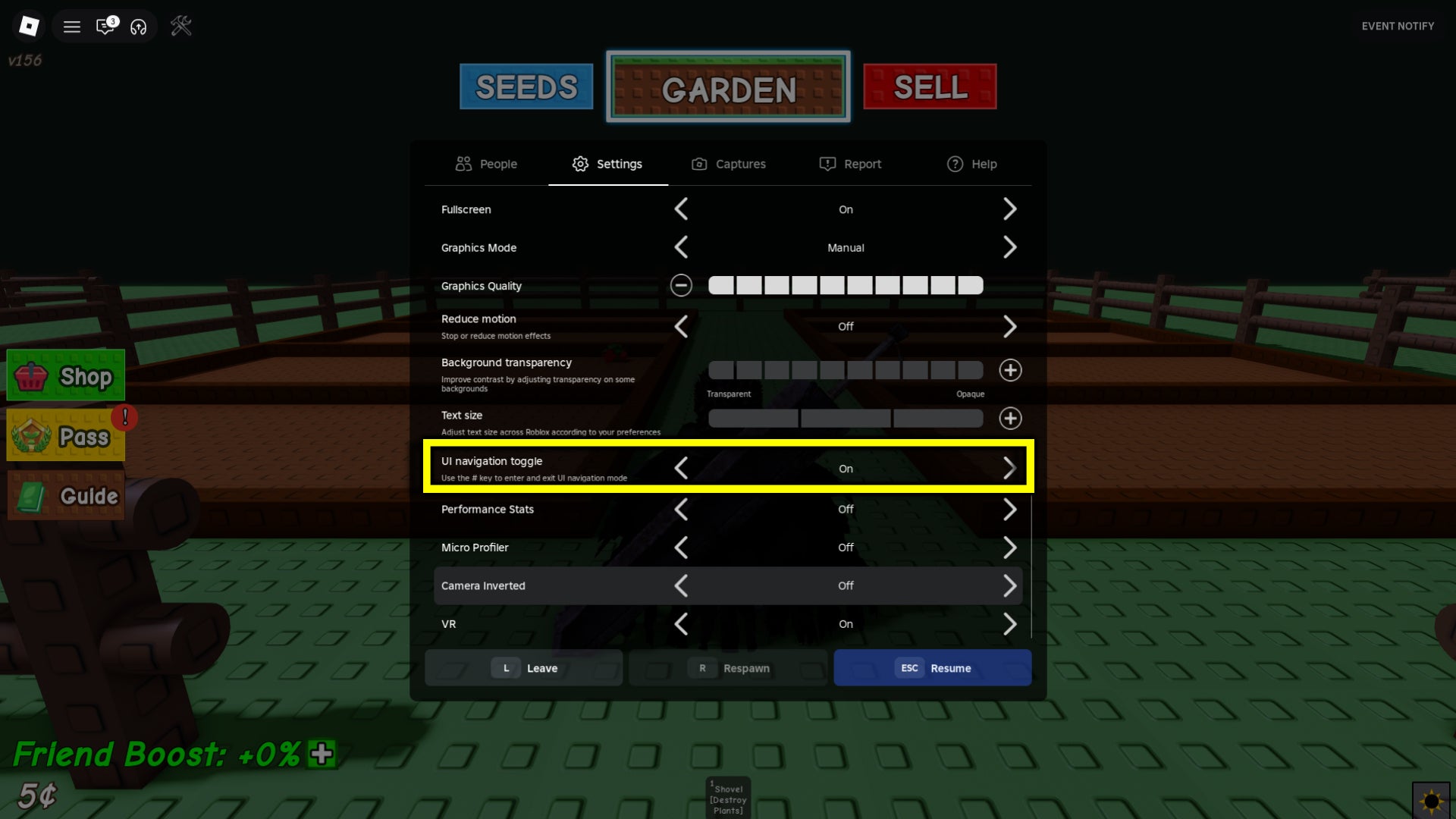 An in-game screenshot from Roblox's Grow a Garden, highlighting the toggle in the main Roblox settings where you can disable UI Navigation. - 4