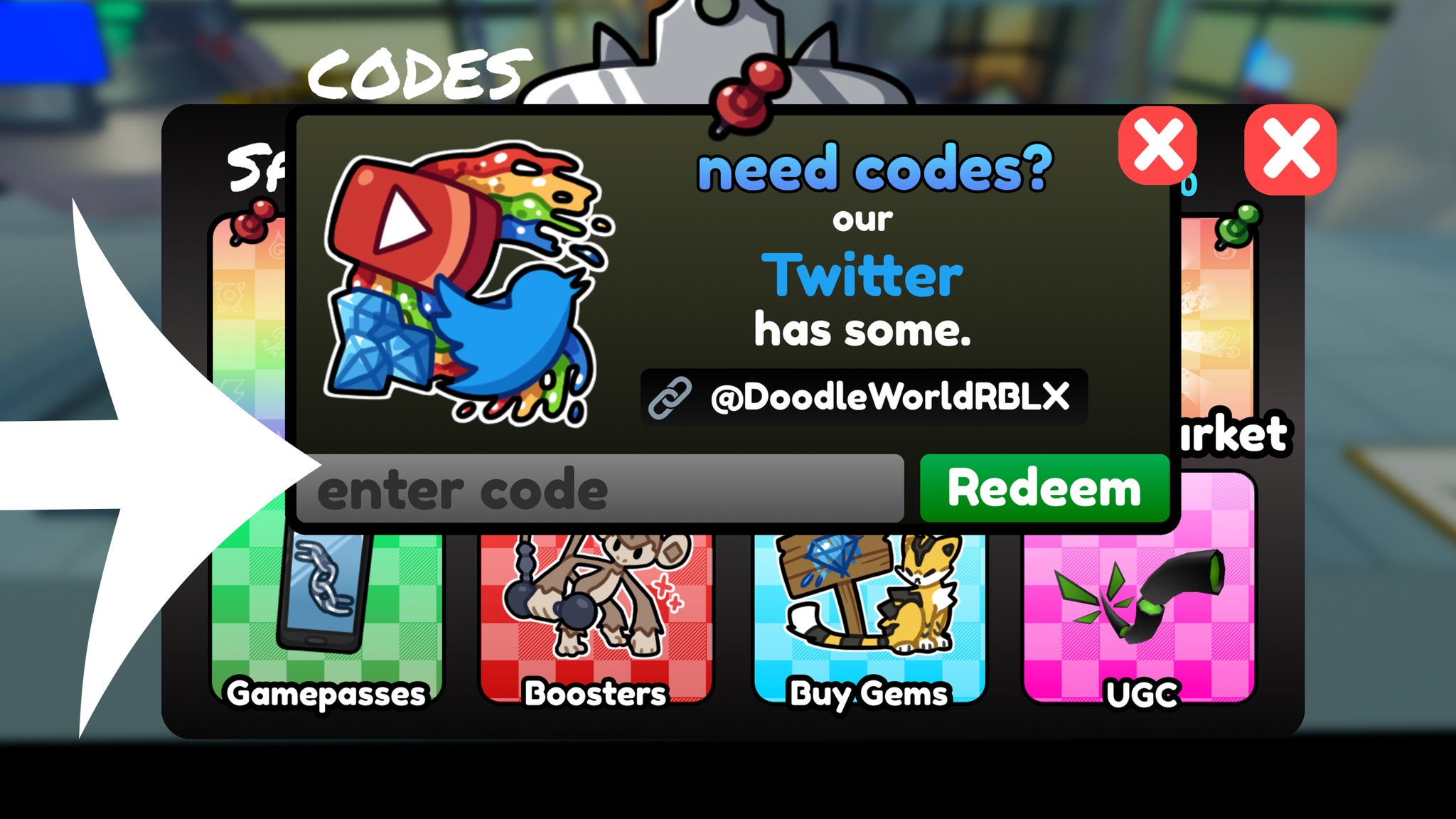 Arrow pointing at the codes menu in the Roblox game Doodle World. - 6