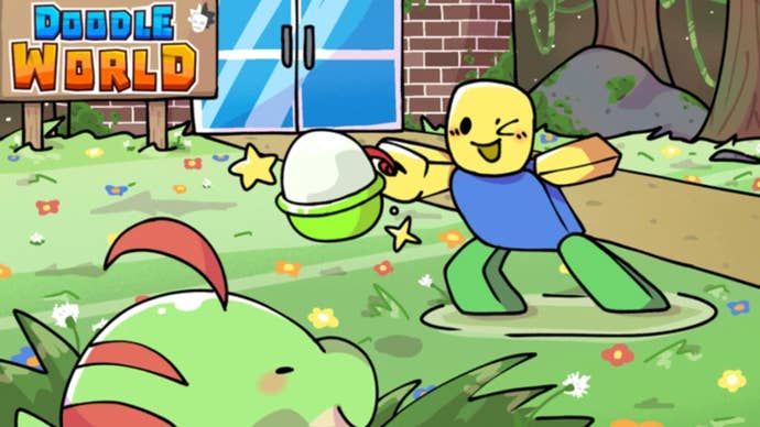 Artwork for the Roblox game Doodle World, showing a character holding a Pokemon-style ball near a cute creature in the wild.