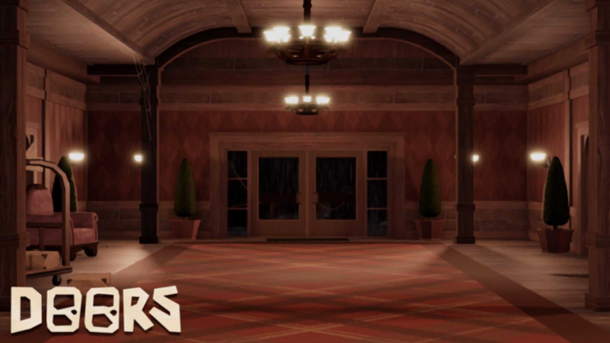 An empty hotel lobby with a large double door at the end of it in the Roblox horror game Doors. - 1