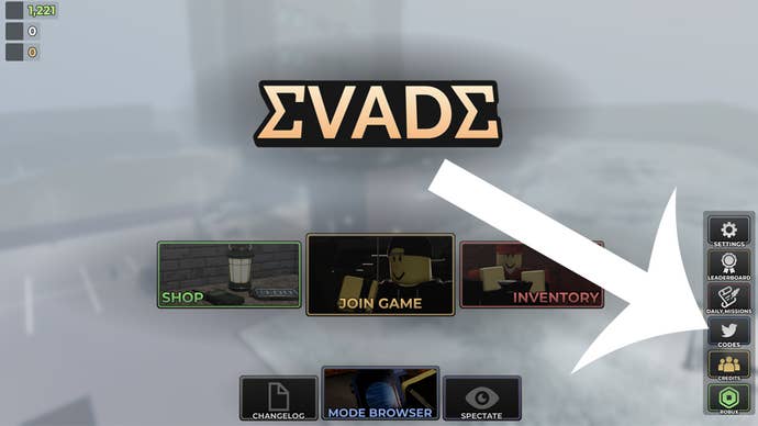 An arrow pointing at the codes button in the Roblox game Evade.