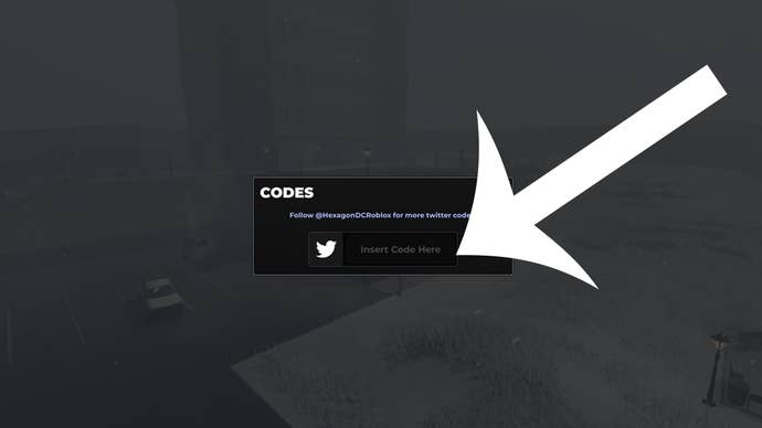 An arrow pointing at the codes menu in the Roblox game Evade.