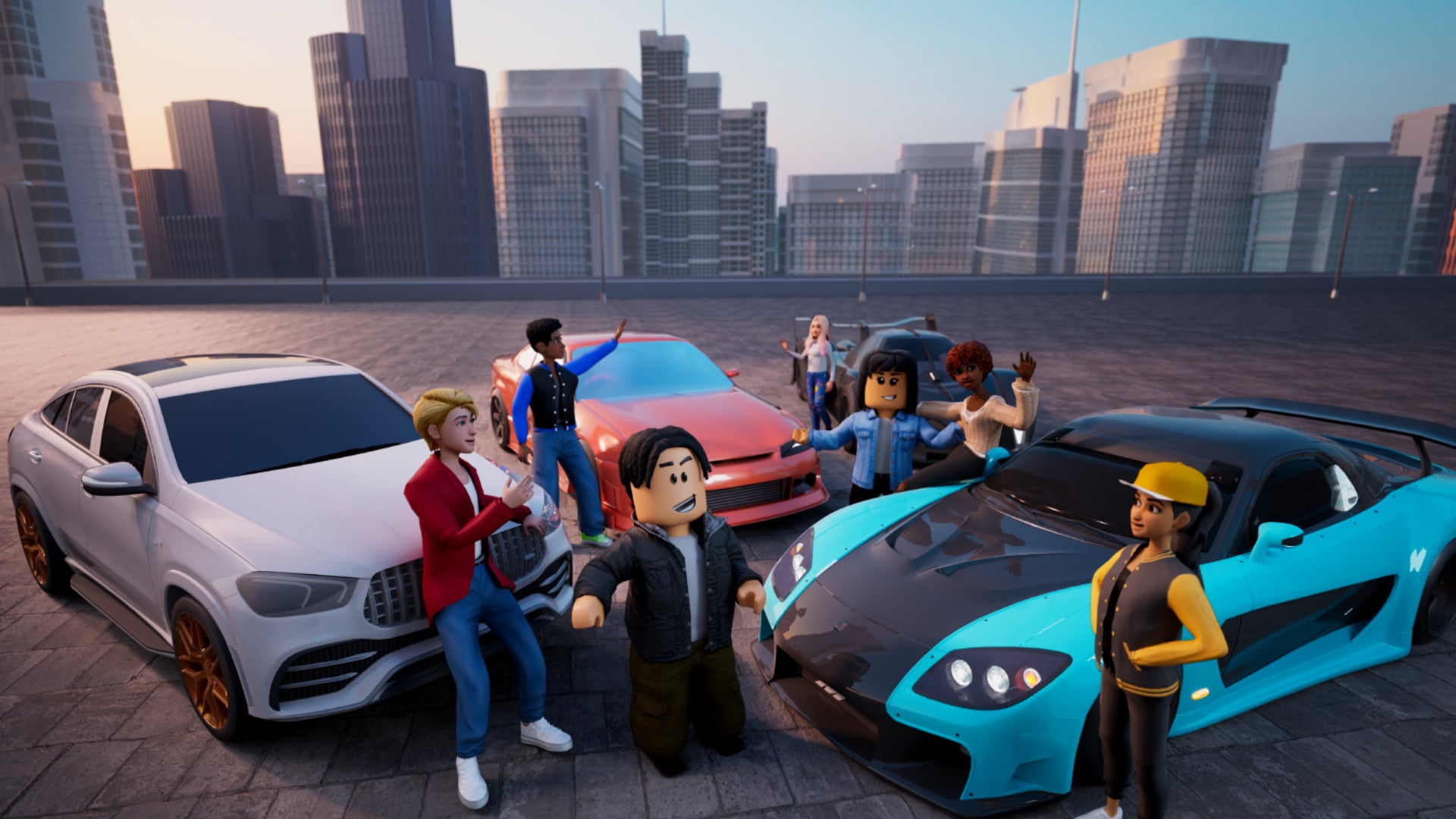 Some Roblox characters standing next to some cars and weird renders of people. - 1