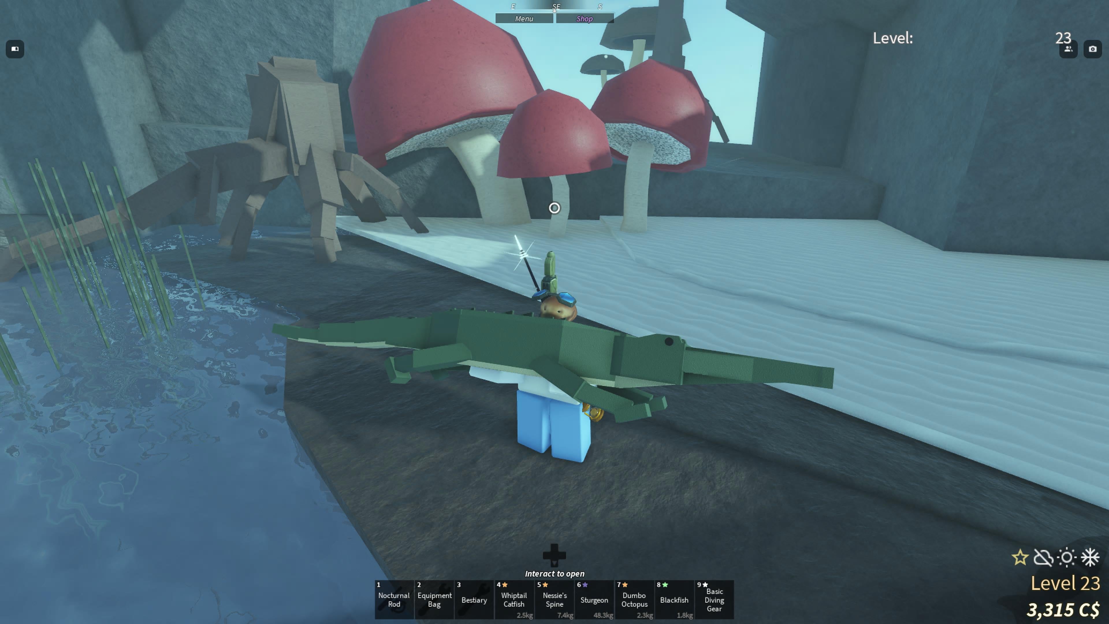 A fisherman holding an alligator in Fisch.