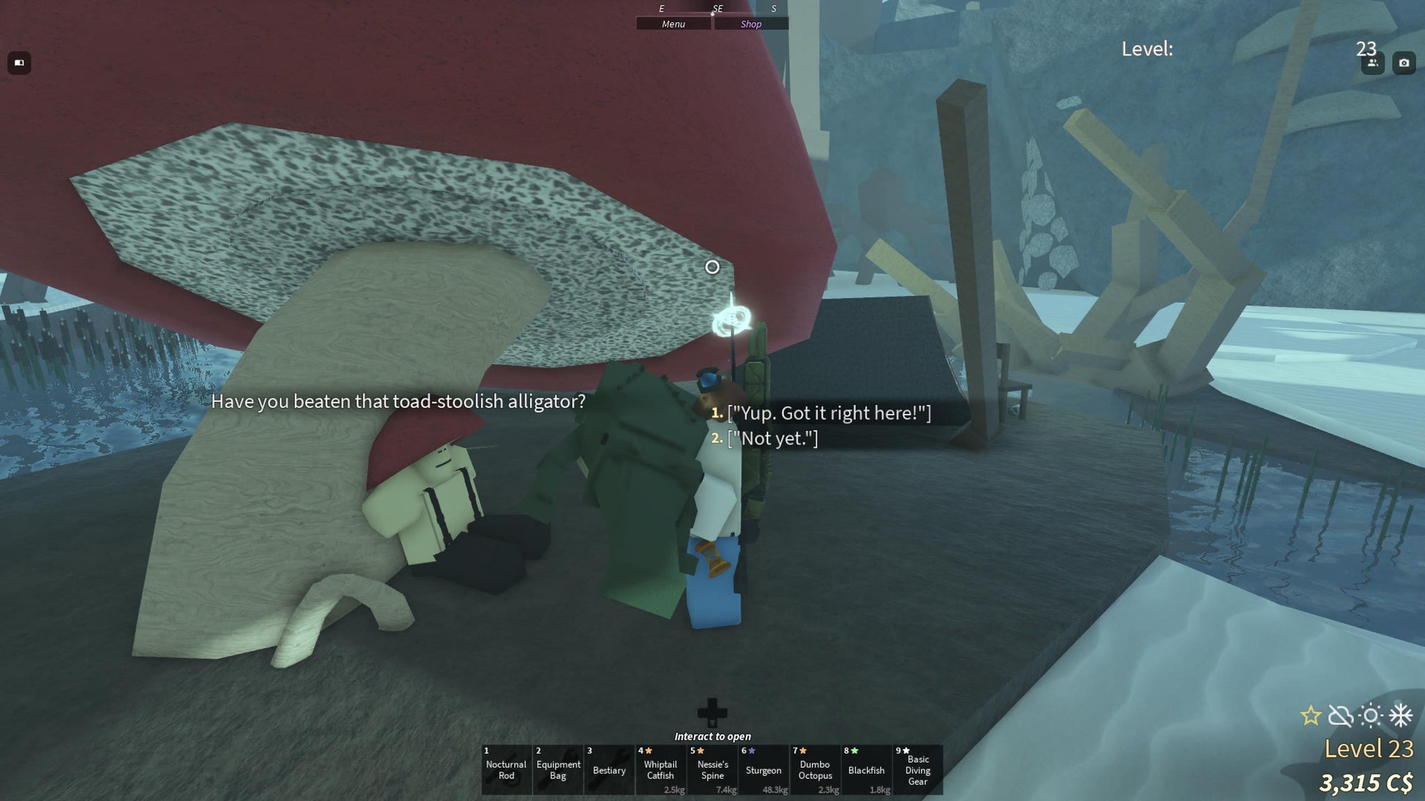 A fisherman handing an alligator to Agaric in Fisch. - 3