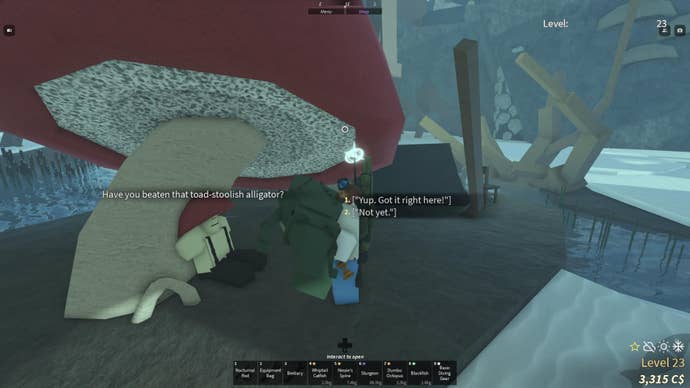 A fisherman handing an alligator to Agaric in Fisch.