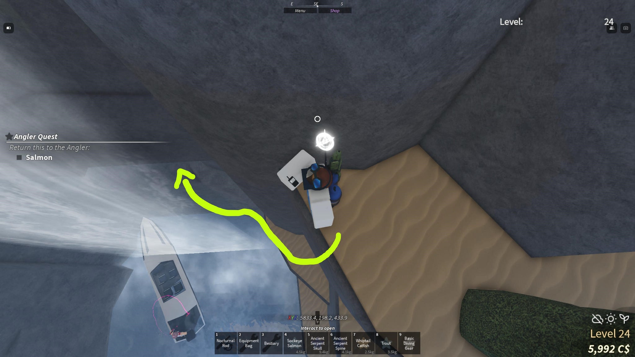 A fisherman jumping down into the Ancient Archive cave entrance in Fisch. - 9