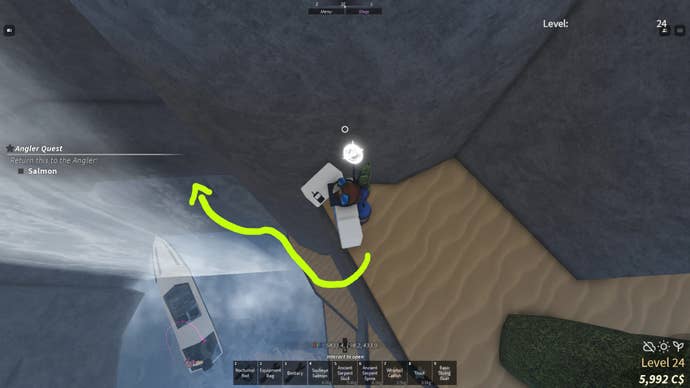 A fisherman jumping down into the Ancient Archive cave entrance in Fisch.