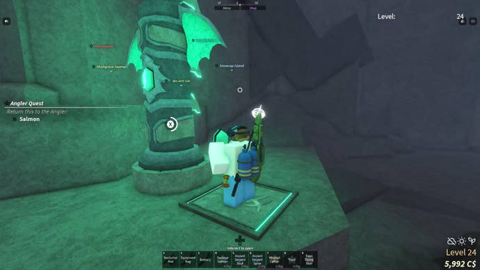 A fisherman standing in front of a magical totem in the Ancient Archive in Fisch.