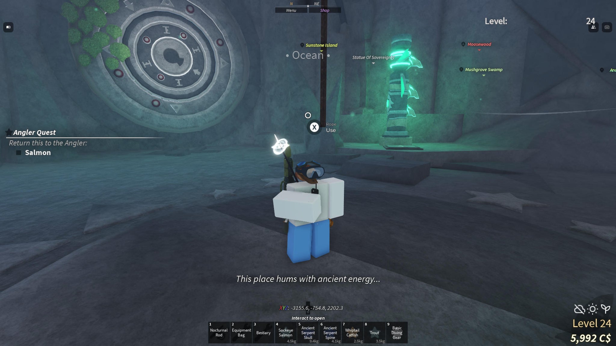 A fisherman standing in the Ancient Archive Puzzle Chamber in Fisch. - 5