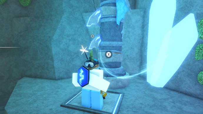 A fisherman holding a fragment inside the Ancient Archive puzzle chamber in Fisch.